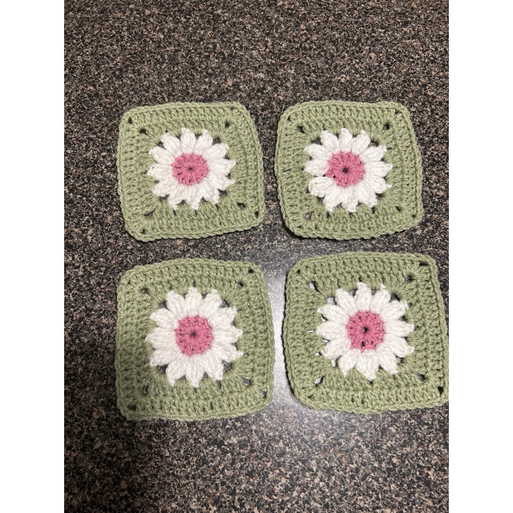 4 Handmade Crocheted Squares Pink And Green 6" Square‎